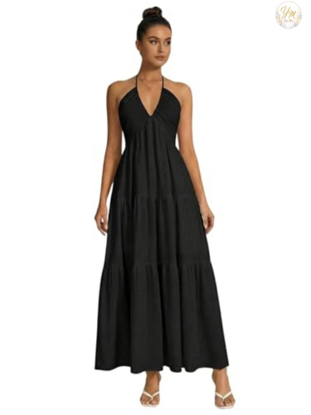 Backless Halter Maxi Dress Sleeveless Tie Back Bow Knot Ruched Flowy